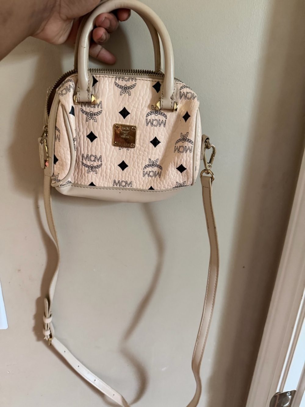 MCM Small Dome Crossbody Bag in Pale Pink and Cream